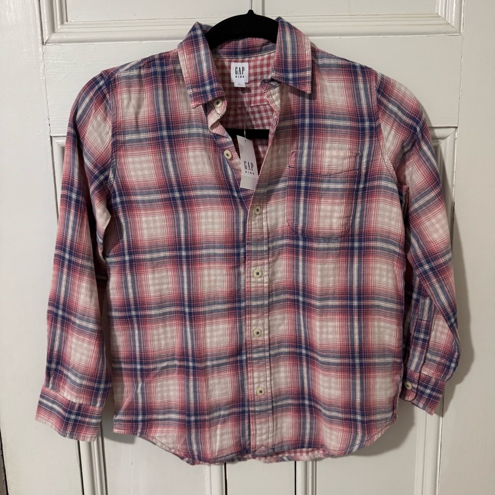 Gap Kids Plaid Long Sleeve Button Down Shirt Pink NEW